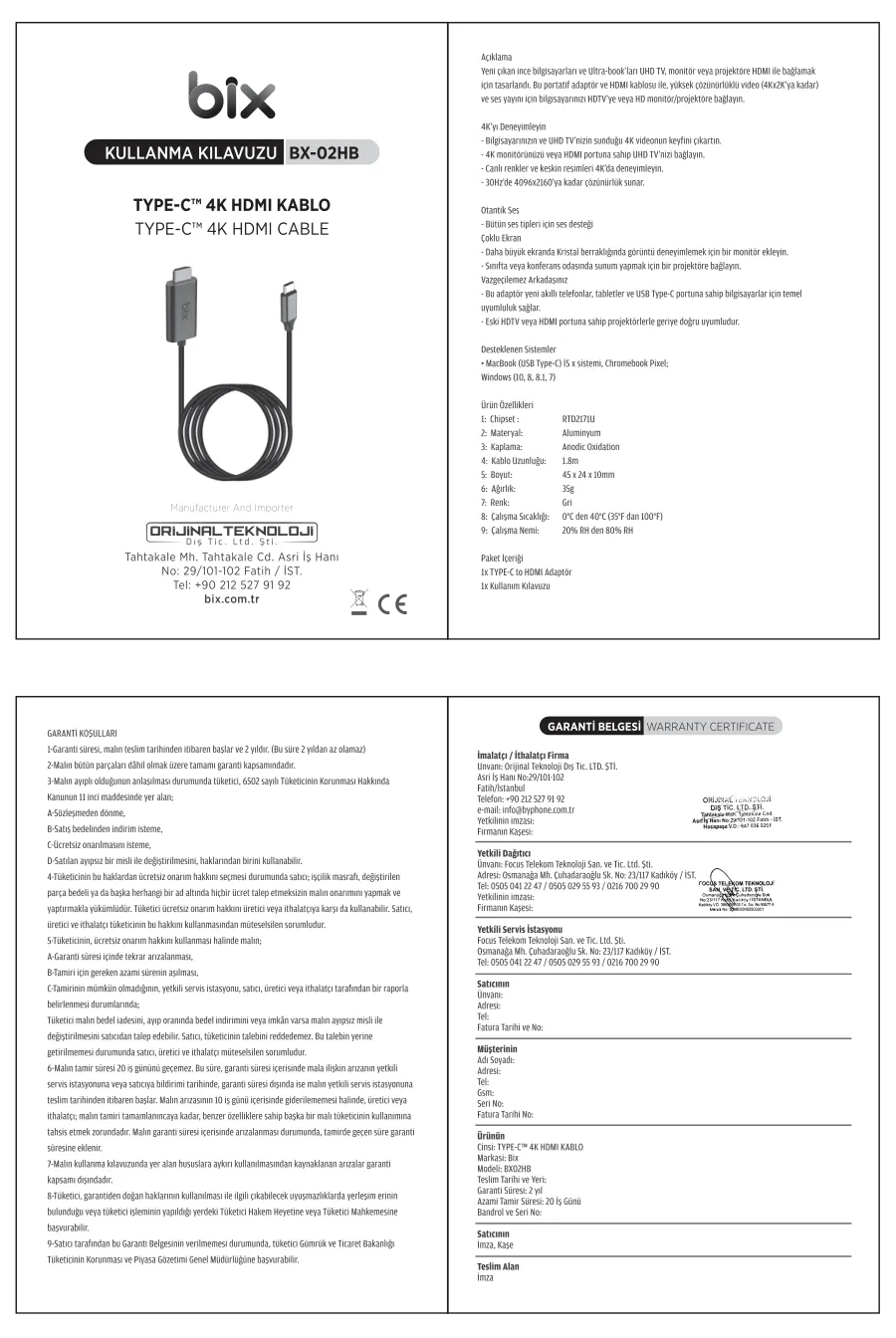 BX02HB USB-C to 4K@30Hz HDMI Kablo 1.8 metre Windows kullanım kılavuzu — sayfa 1