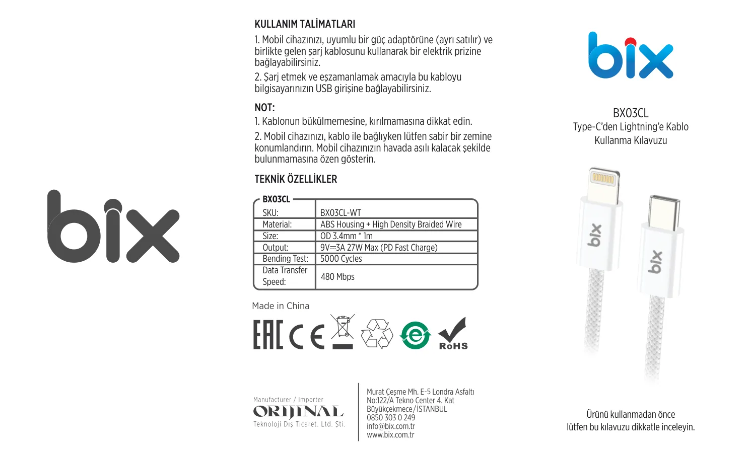 BX03CL 27W Type-C to Lightning iPhone Örgülü Data kullanım kılavuzu — sayfa 1