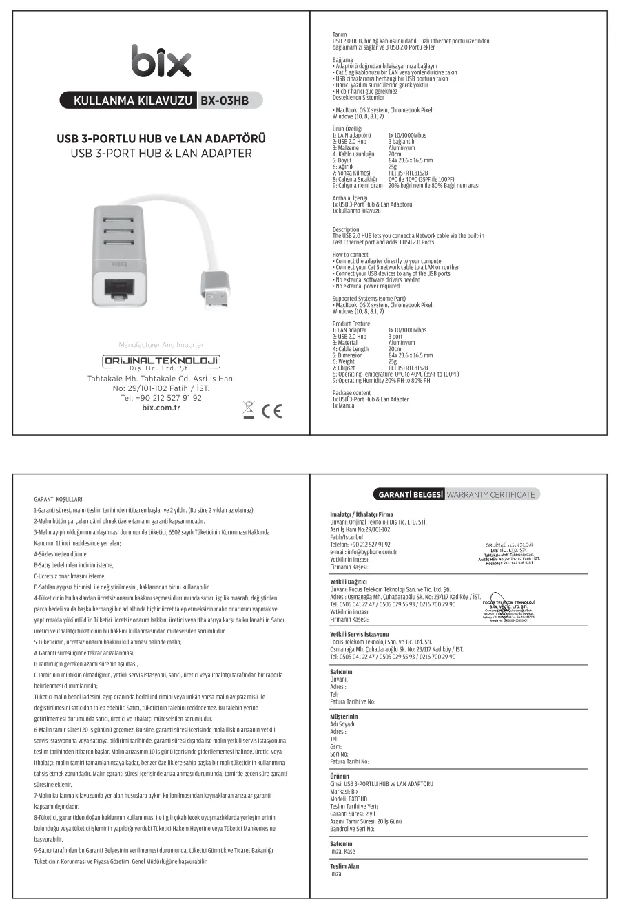 BX03HB 3 Port USB 2.0 ve 10/100Mbps RJ45 Ethernet kullanım kılavuzu — sayfa 1