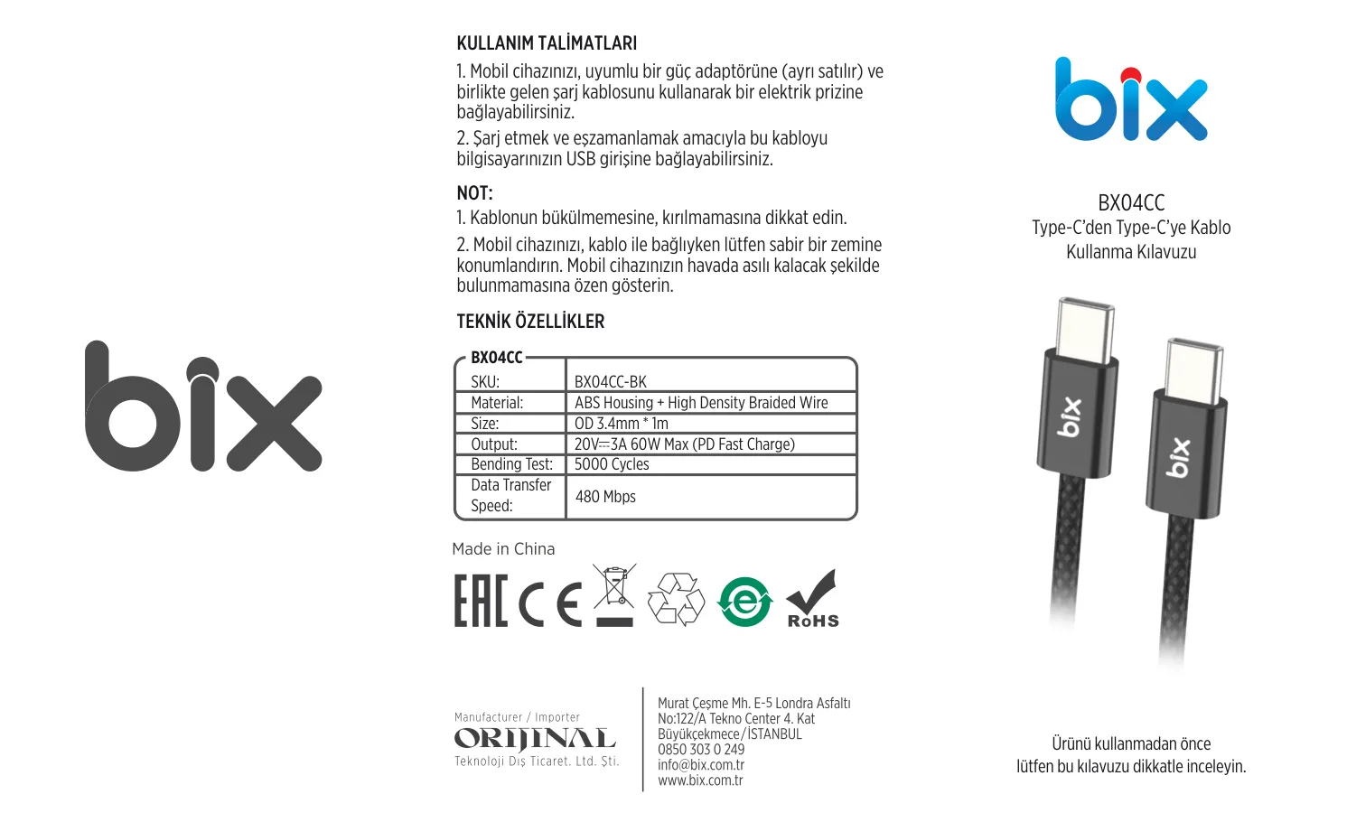 BX04CC Type-C to Type-C 60W Örgülü Şarj ve Data Kablosu kullanım kılavuzu — sayfa 1