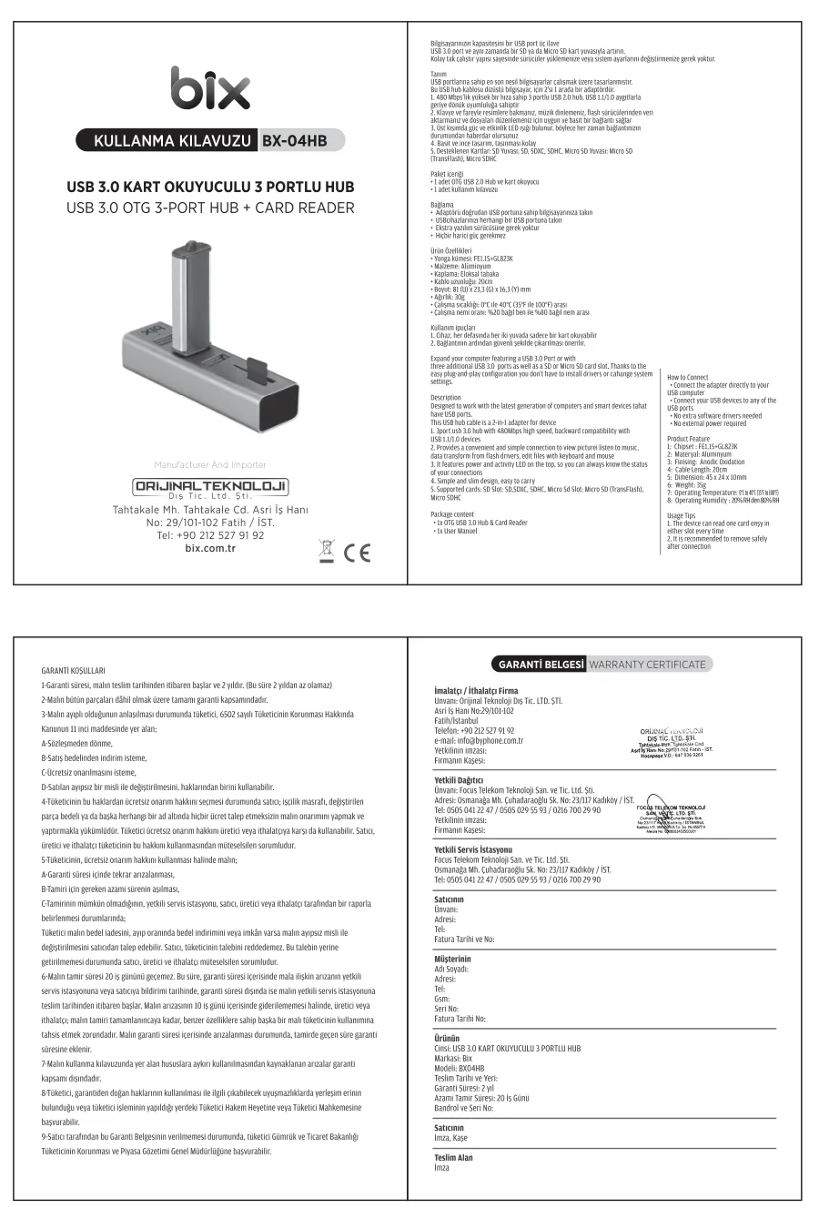 BX04HB USB 3.0 Kart Okuyucu ve 3 Portlu Çoklayıcı Hub kullanım kılavuzu — sayfa 1