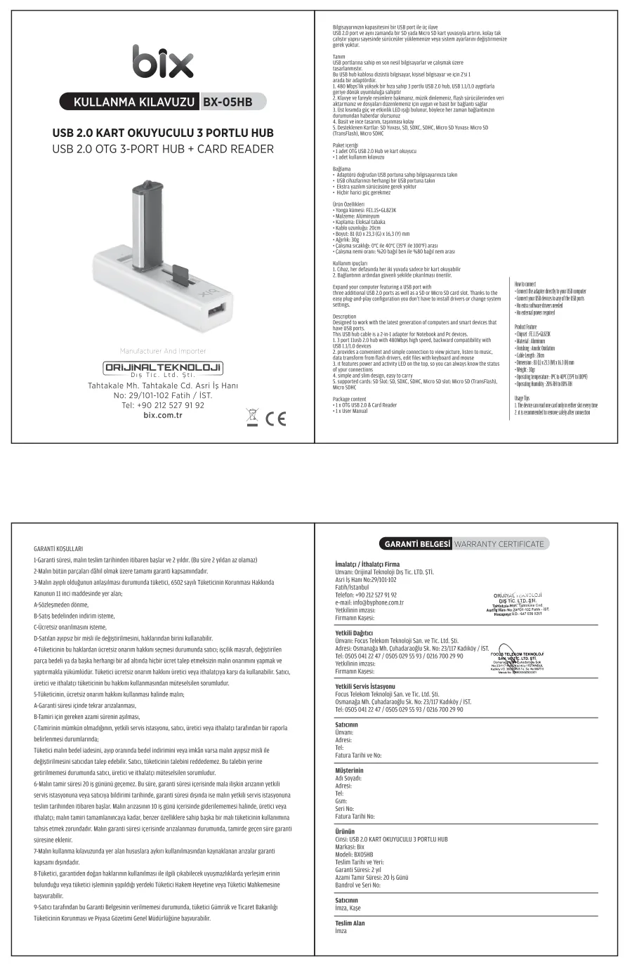 BX05HB 3x USB 2.0 Portlu ve Micro SD / SD Kart Girişli kullanım kılavuzu — sayfa 1