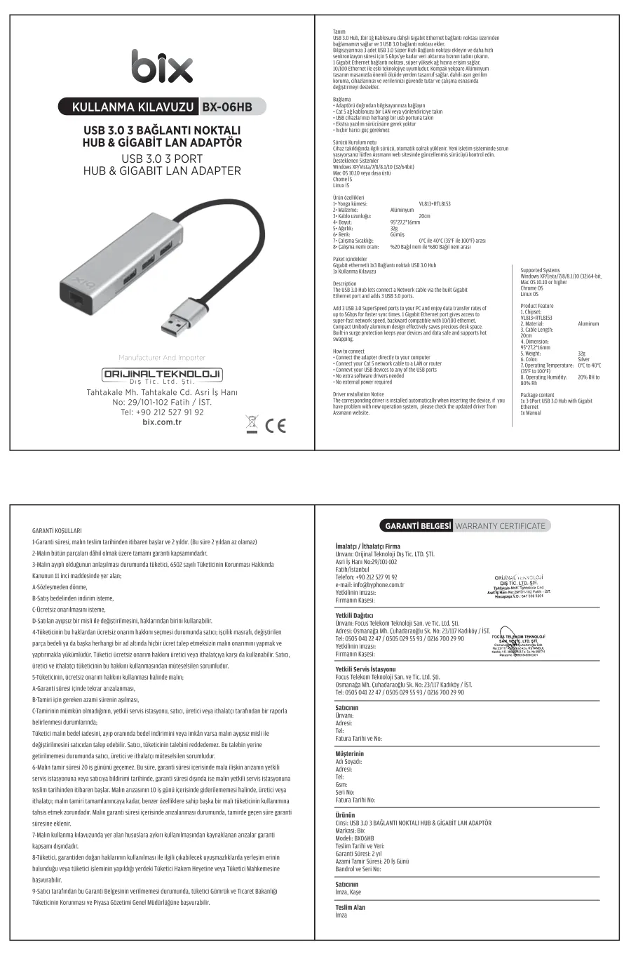 BX06HB USB 3.0 Gigabit Ethernet 3 Portlu Çoklayıcı Hub kullanım kılavuzu — sayfa 1