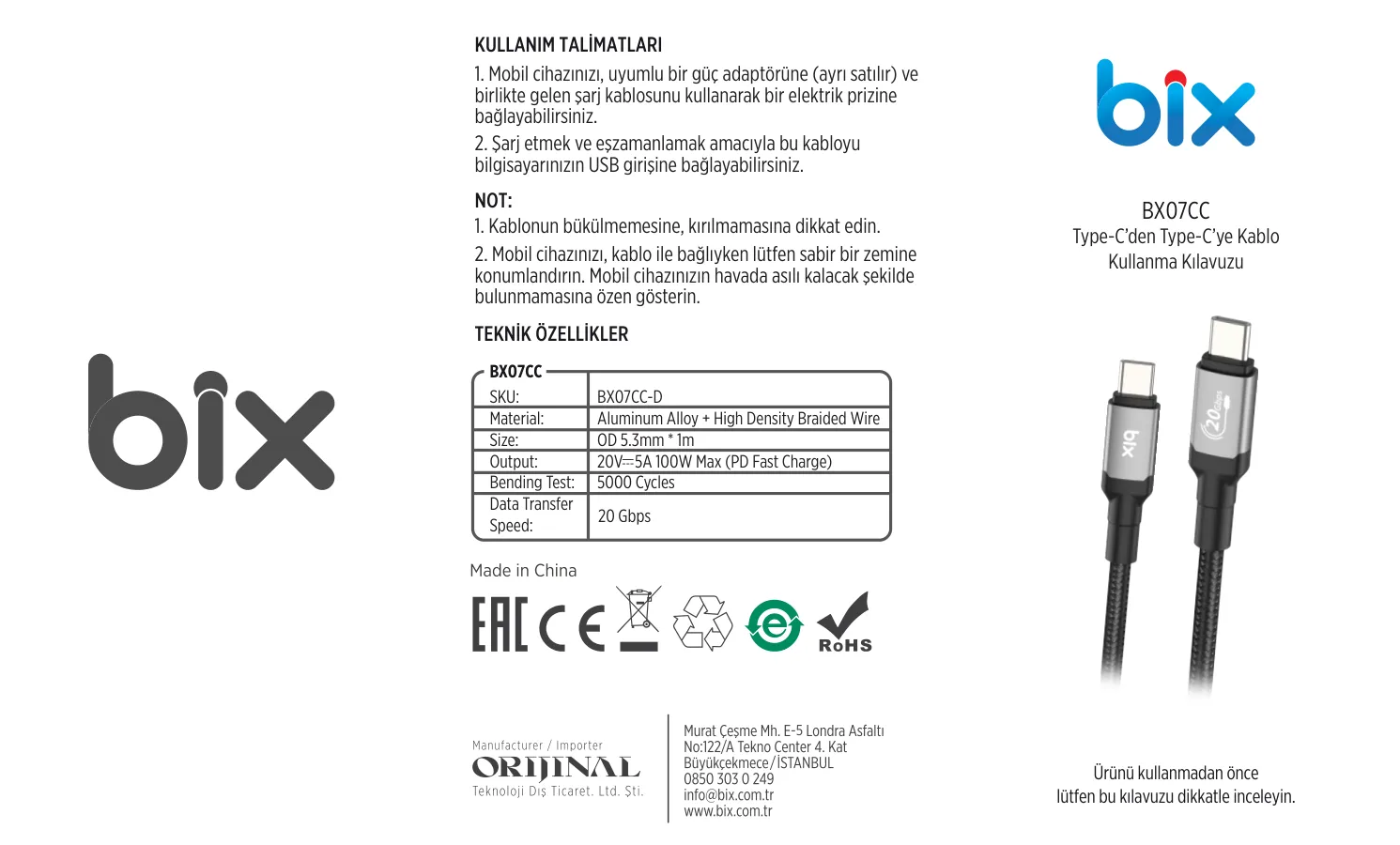 BX07CC 100W Hi-Speed 20Gbps 4K 60Hz Örgülü Metalik kullanım kılavuzu — sayfa 1