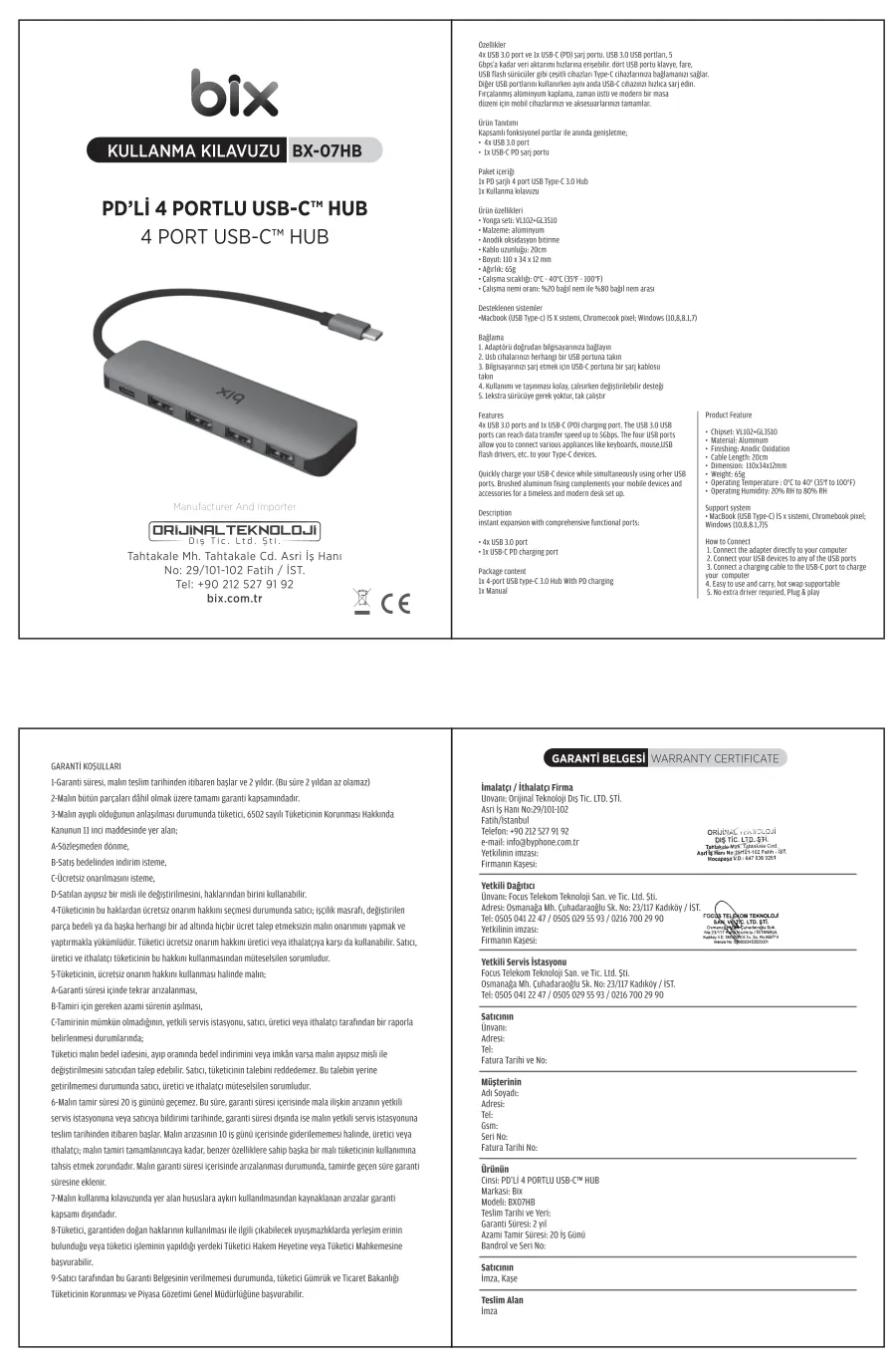 BX07HB Type-C PD 4 Portlu USB 3.0 Dönüştürücü Hub kullanım kılavuzu — sayfa 1