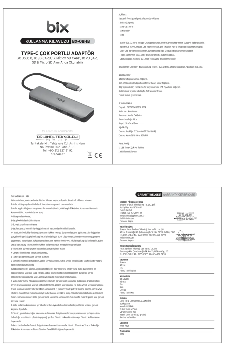 BX08HB Type-C to USB 3.0 PD Micro SD / SD Kart Okuyucu kullanım kılavuzu — sayfa 1