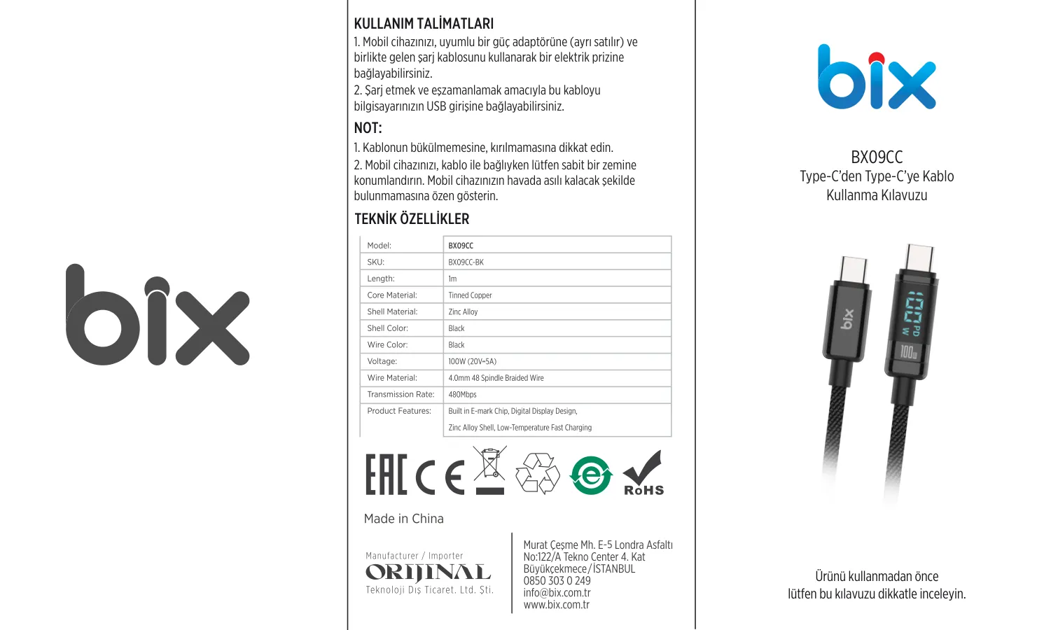 BX09CC Type-C to Type-C 100W 480Mbps E-Marker Kablosu kullanım kılavuzu — sayfa 1
