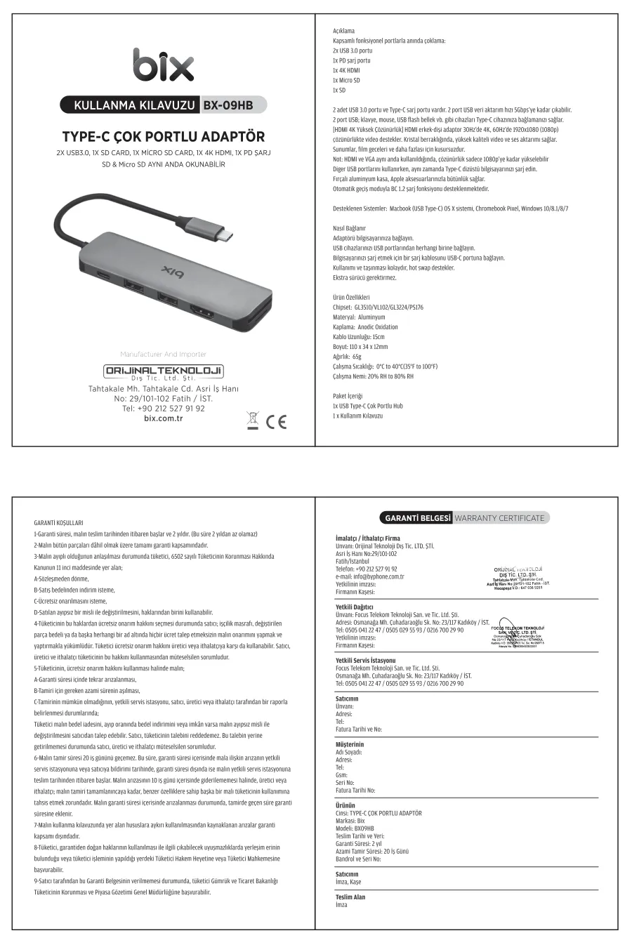 BX09HB Type-C to 2*USB 3.2 4K/30Hz HDMI SD TF Kart kullanım kılavuzu — sayfa 1