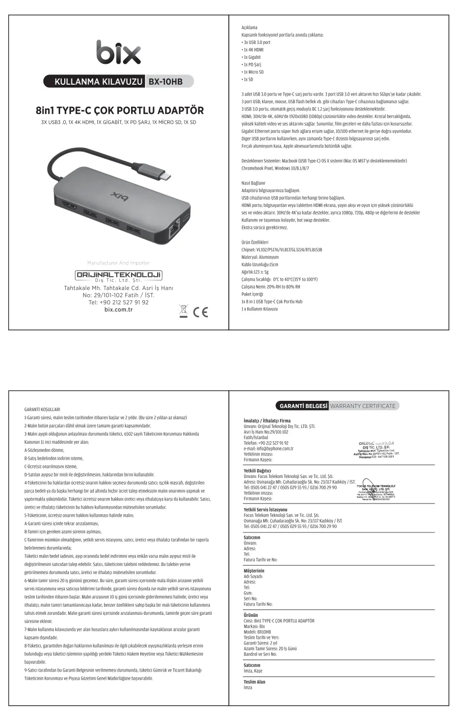 BX10HB Type-C Kart Okuyucu HDMI Ethernet USB kullanım kılavuzu — sayfa 1