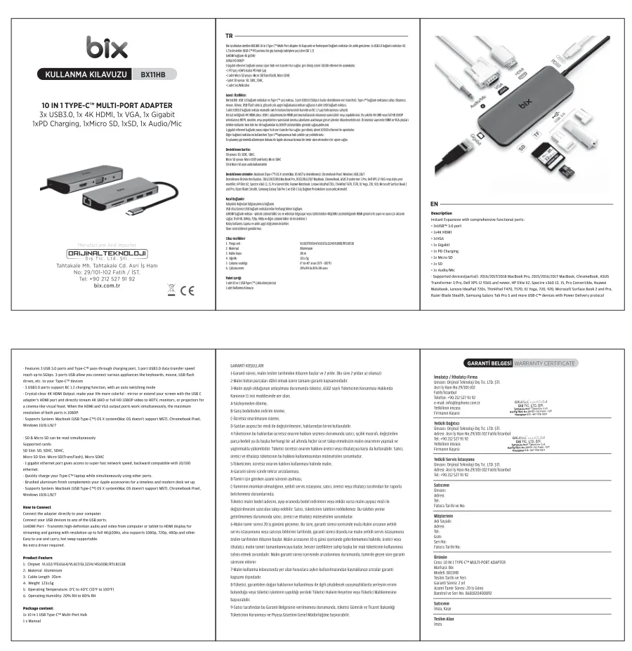 BX11HB Type-C HDMI VGA Ethernet Kart Okuyucu USB kullanım kılavuzu — sayfa 1