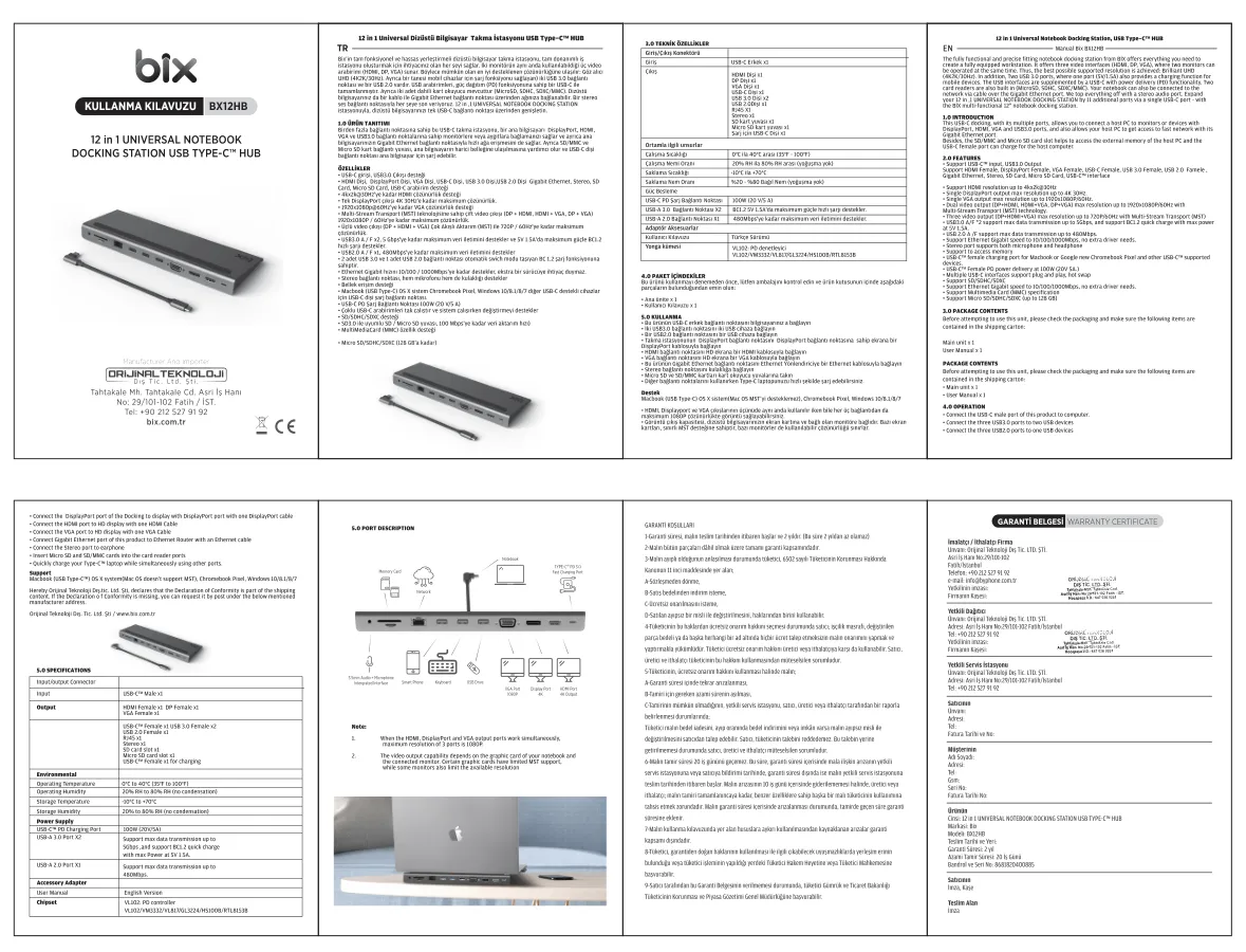 BX12HB 11’i 1 Arada Type-C Çok Portlu Laptop SD/SD+USB kullanım kılavuzu — sayfa 1