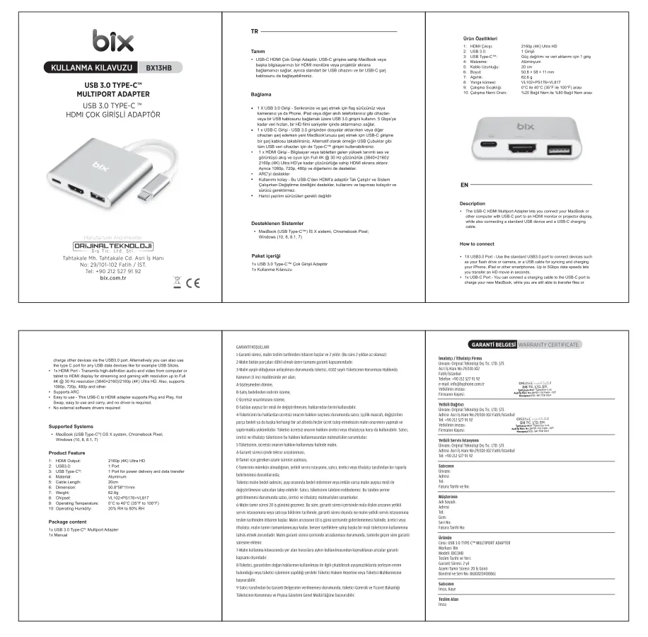 BX13HB Type-C HDMI USB PD Dönüştürücü Adaptör kullanım kılavuzu — sayfa 1