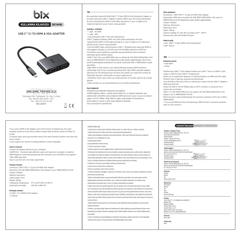 BX14HB Type-C 3.1 HDMI & VGA Dönüştürücü Adaptör kullanım kılavuzu — sayfa 1