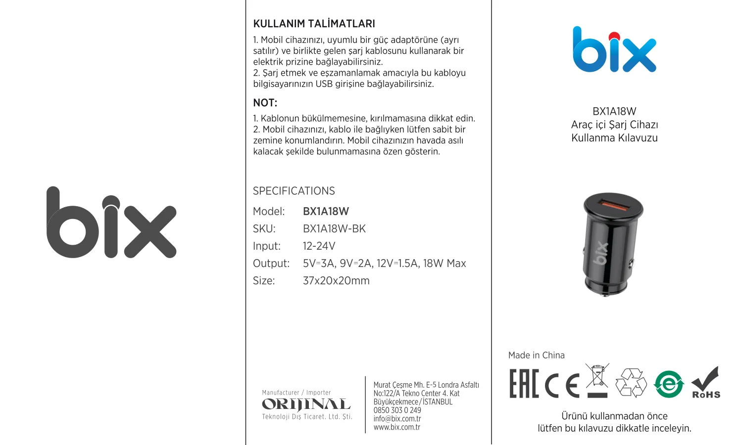 BX1A18W QC 3.0 18W USB-A Araç Şarj Aleti iPhone kullanım kılavuzu — sayfa 1