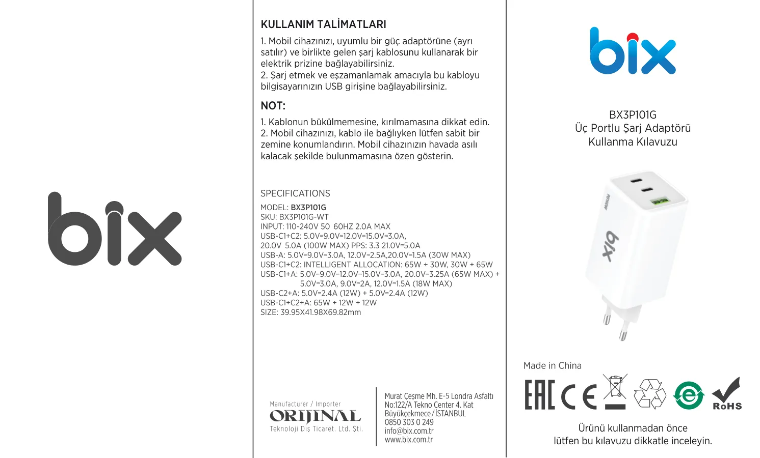 BX3P101G 100W GaN Hızlı Şarj Cihazı Üçlü Portlu, USB-C kullanım kılavuzu — sayfa 1