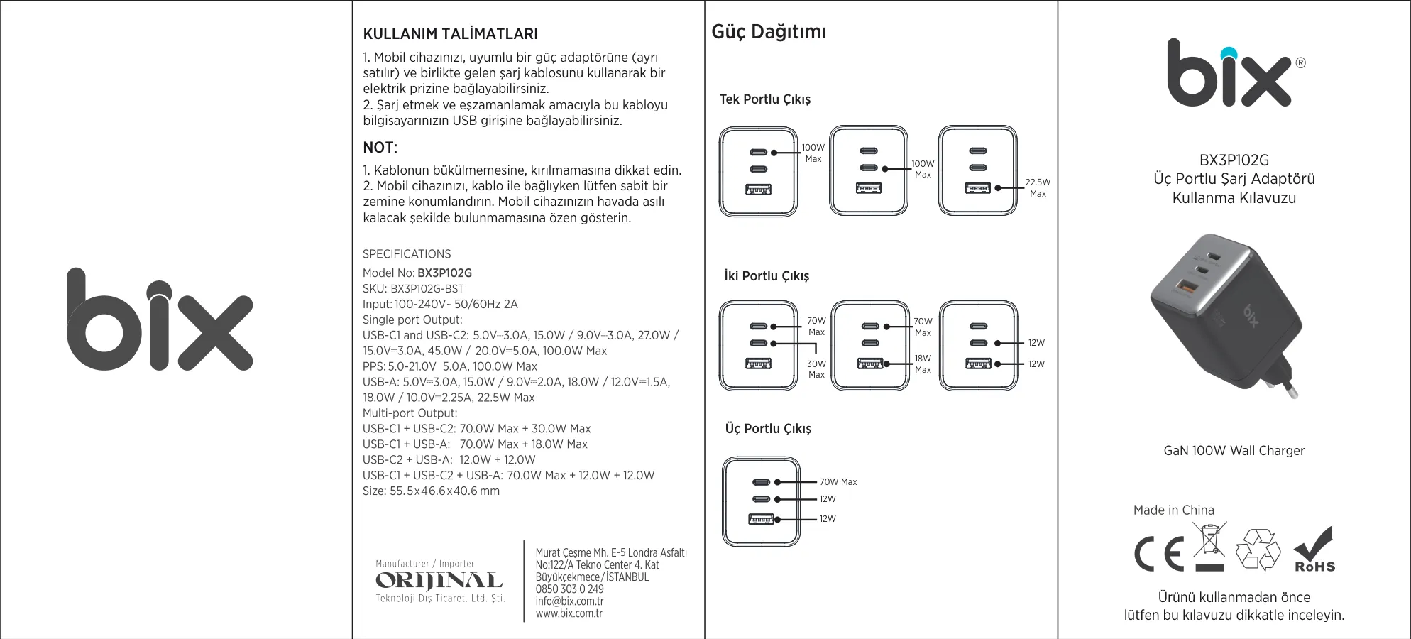BX3P102G 100W 3 Portlu USB-C + USB-A GaN Şarj Aleti kullanım kılavuzu — sayfa 1