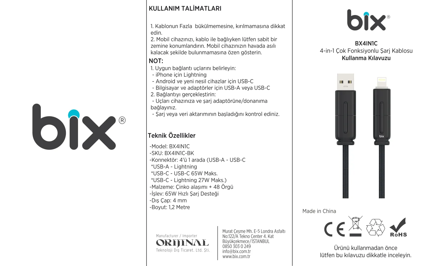 BX4IN1C 65W USB-A, USB-C, Lightning Çok Kablosu kullanım kılavuzu — sayfa 1