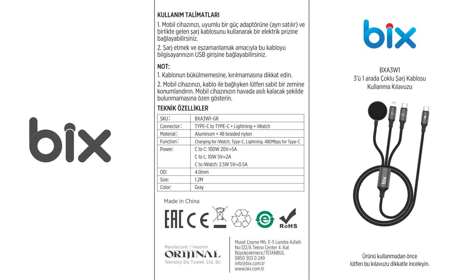 BXA3W1 100W Type-C, Lightning ve Apple Watch için 3’ü 1 kullanım kılavuzu — sayfa 1