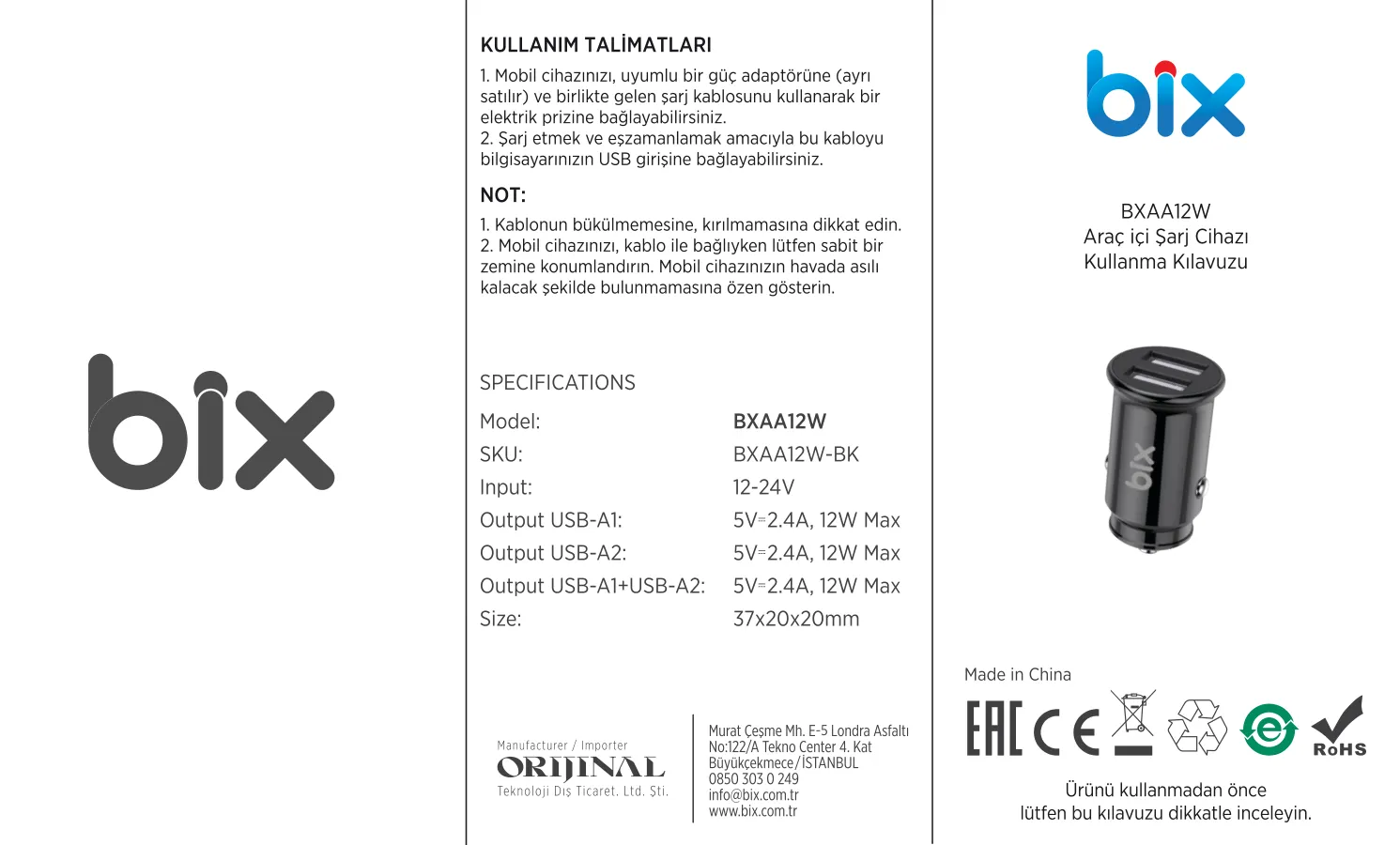 BXAA12W Çift USB-A Portlu 12W Araç Şarj Aleti iPhone kullanım kılavuzu — sayfa 1