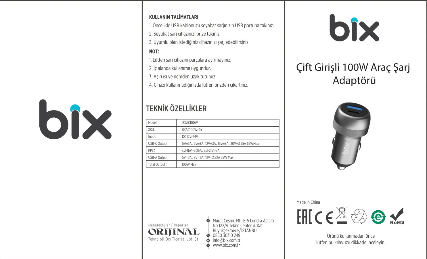 BXAC100W 100W Type-C PD 65W ve USB-A QC 35W PPS Şarj kullanım kılavuzu — sayfa 1