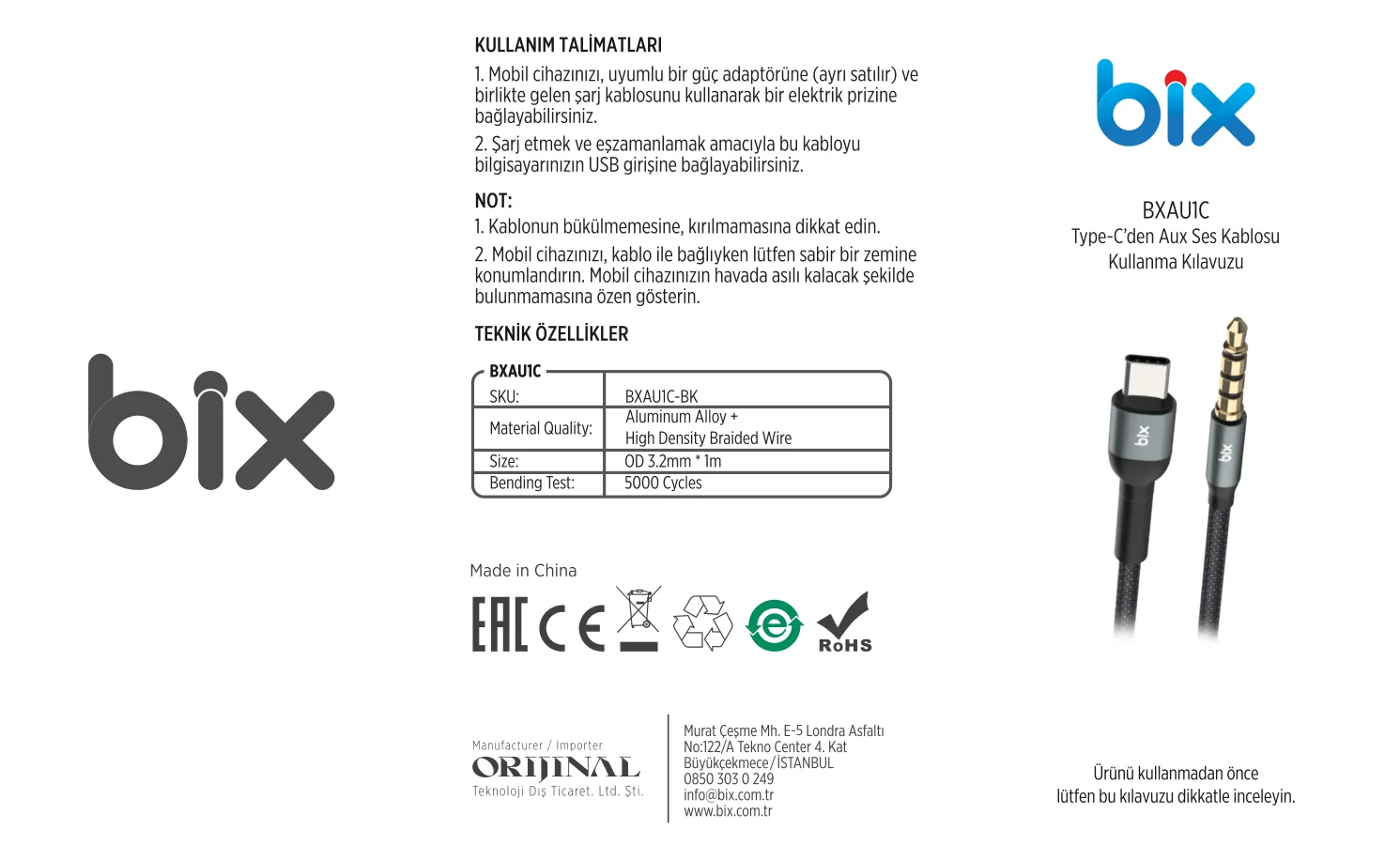 BXAU1C Type-C 3.5mm Aux Hi-Fi Ses Kablosu 1 Metre kullanım kılavuzu — sayfa 1