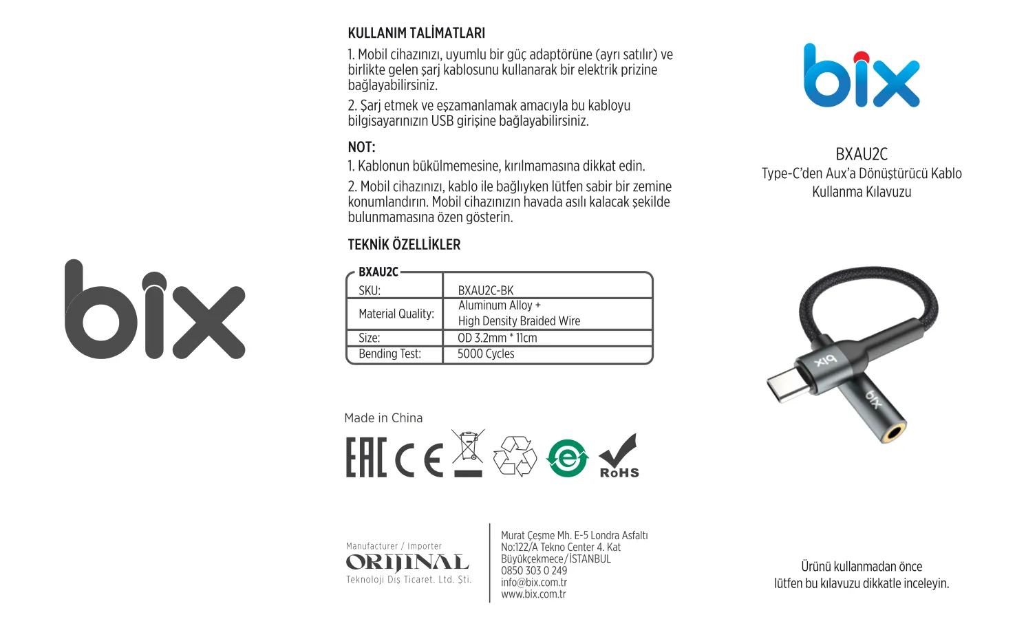BXAU2C Hi-Fi Type-C 3.5mm Kulaklık Dönüştürücü Kablo kullanım kılavuzu — sayfa 1