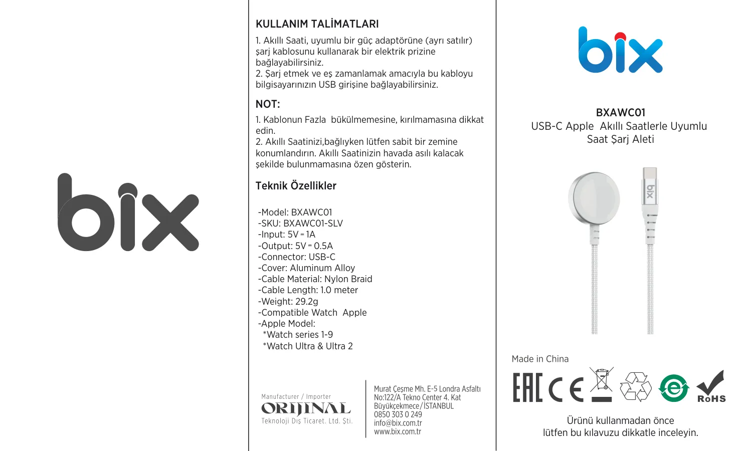 BXAWC01 USB-C Apple Watch 1-9, Watch Ultra Şarj kullanım kılavuzu — sayfa 1
