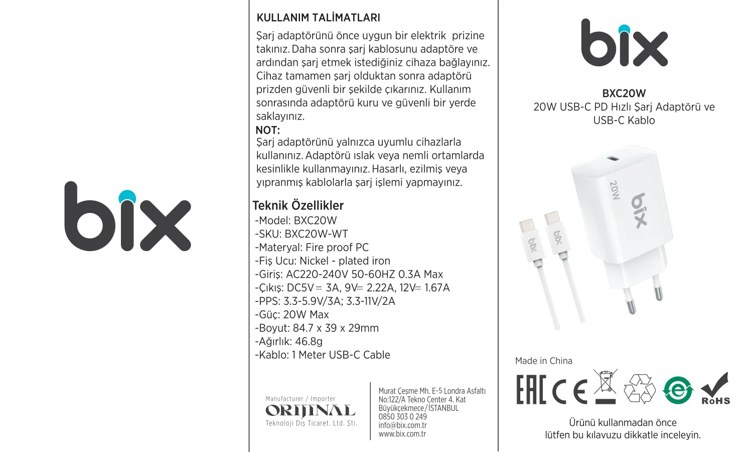 BXC20W 20W USB-C PD 3.0 Akım Korumalı Hızlı Şarj kullanım kılavuzu — sayfa 1