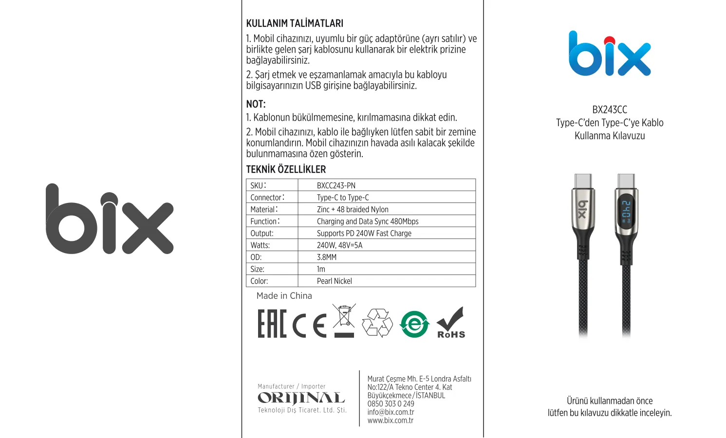 BXCC243 Type-C to Type-C 240W 480Mbps E-Marker Kablosu kullanım kılavuzu — sayfa 1