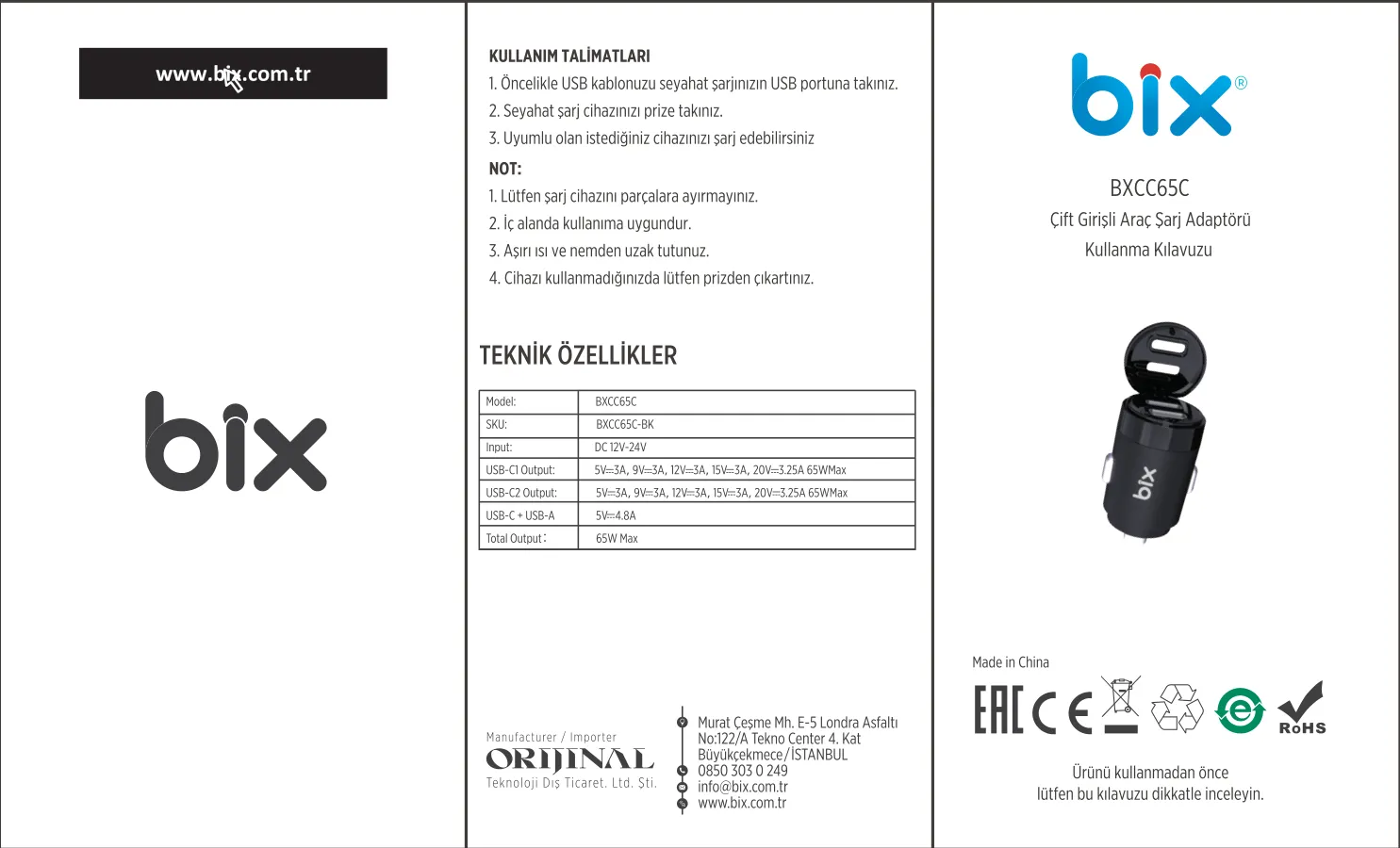 BXCC65C 65W Çift Portlu Type-C Araç Şarj Aleti iPhone kullanım kılavuzu — sayfa 1