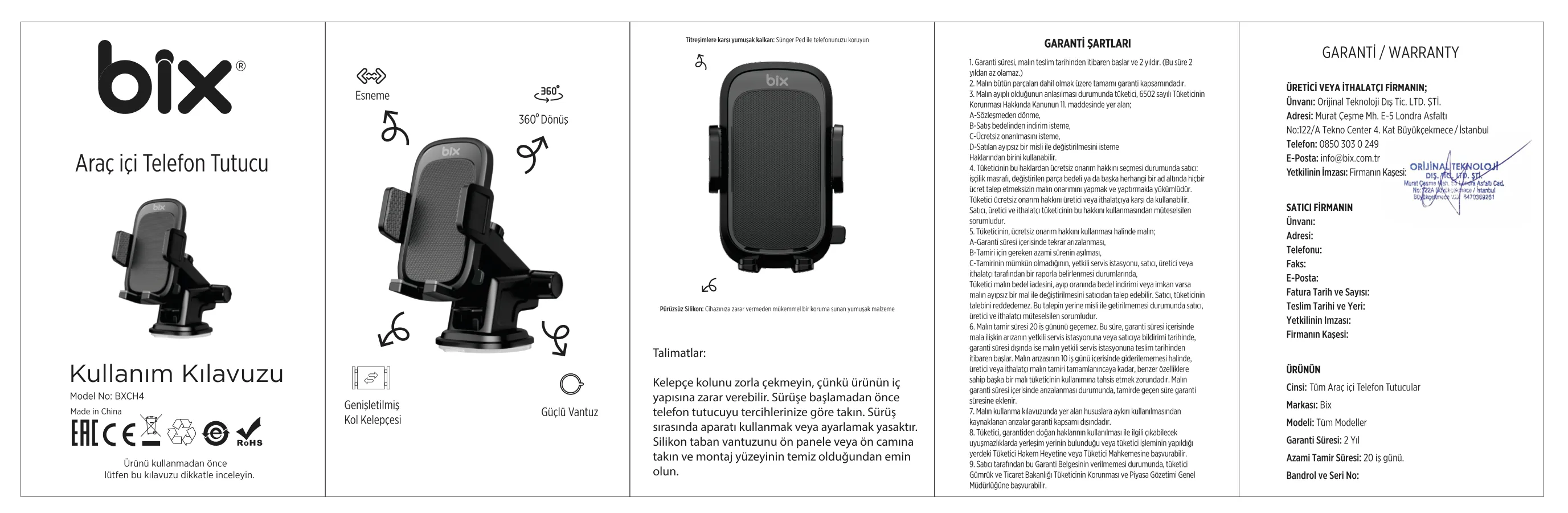 BXCH4 Torpido Üstü, Cam, Ön Panel için Ayarlanabilir kullanım kılavuzu — sayfa 1