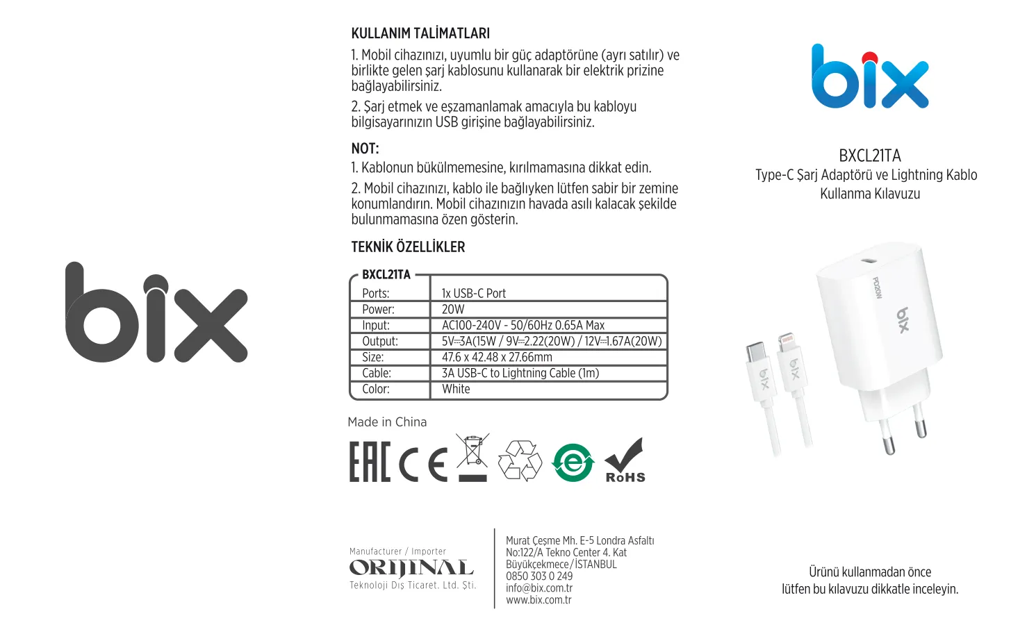 BXCL21TA 20W Type-C PD 3.0 Akım Korumalı Hızlı Şarj kullanım kılavuzu — sayfa 1