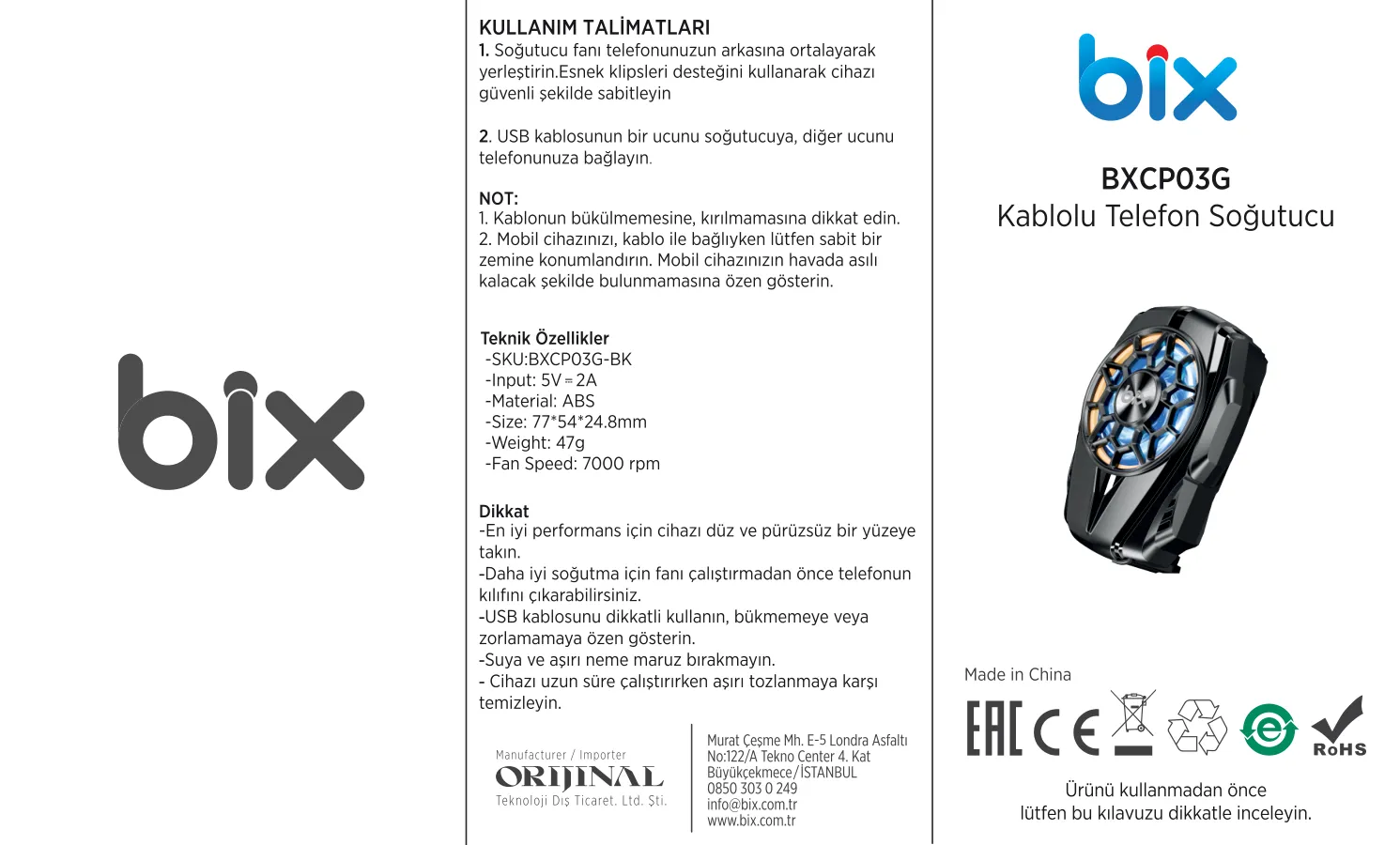 BXCP03G Sessiz ve Güçlü Telefon Soğutucu Fan Kablolu kullanım kılavuzu — sayfa 1