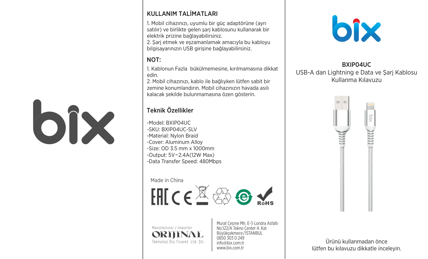 BXIP04UC 12W USB-A to Lightning iPhone için Şarj kullanım kılavuzu — sayfa 1