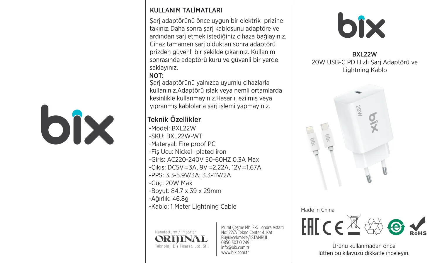 BXL22W 20W PD Hızlı Şarj Adaptörü 1 Metre USB-C’den kullanım kılavuzu — sayfa 1