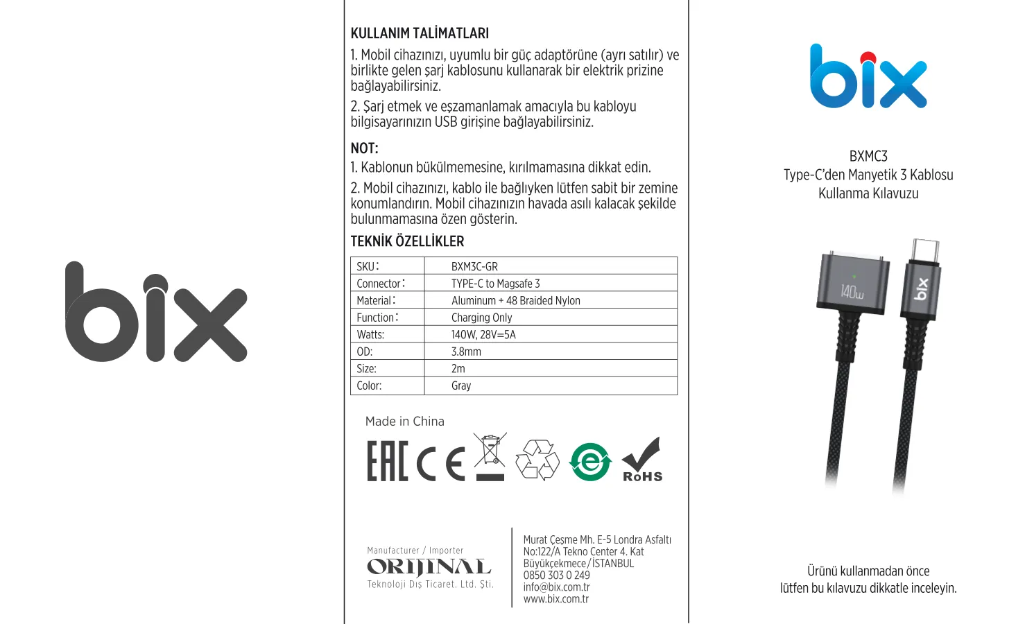 BXM3C 140W Type-C to Magsafe 3 Macbook Pro Şarj Kablosu kullanım kılavuzu — sayfa 1