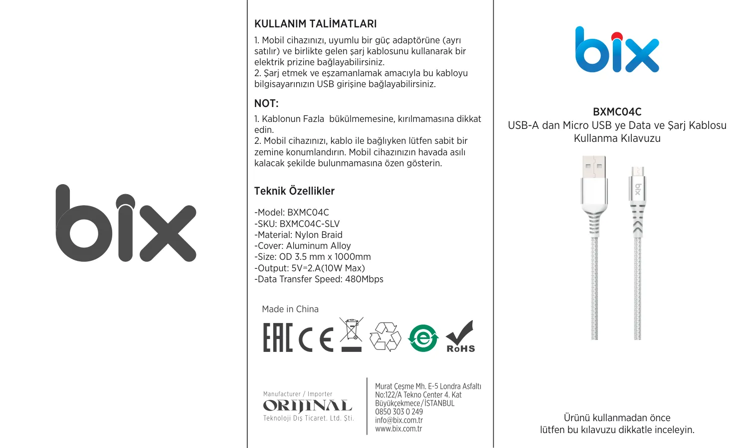 BXMC04C 10W USB-A to Micro USB Örgülü Şarj ve Data kullanım kılavuzu — sayfa 1