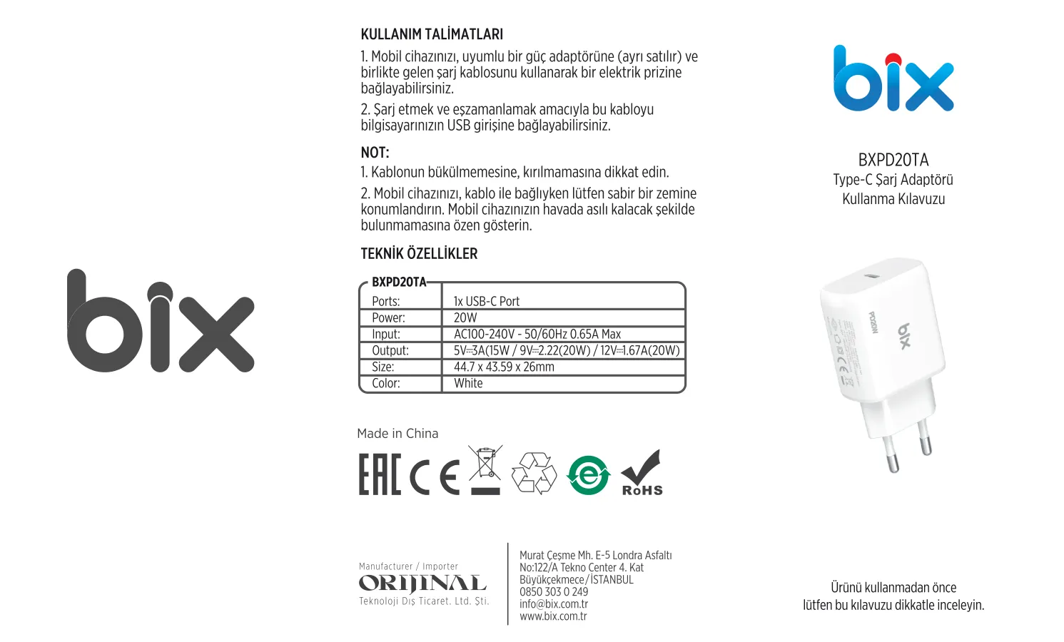 PD20TA 20W Type-C PD Hızlı Şarj Adaptörü Beyaz kullanım kılavuzu — sayfa 1