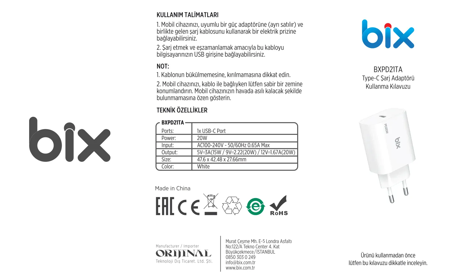 BXPD21TA 20W Type-C PD 3.0 Akıllı Çip ve Akım Şarj kullanım kılavuzu — sayfa 1