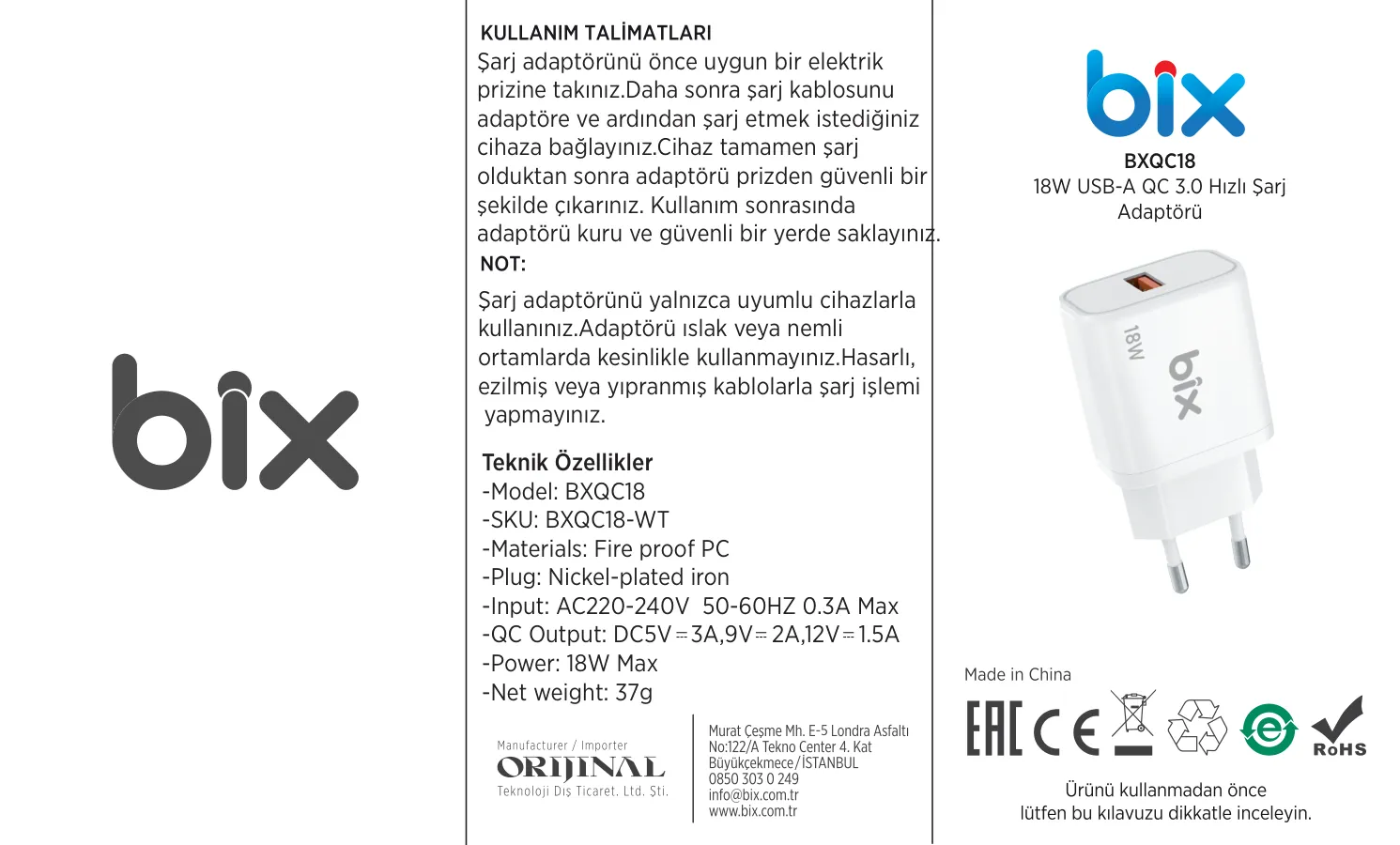 BXQC18 USB-A 18W QC 3.0 Akıllı Çipli ve Kısa Devre Şarj kullanım kılavuzu — sayfa 1