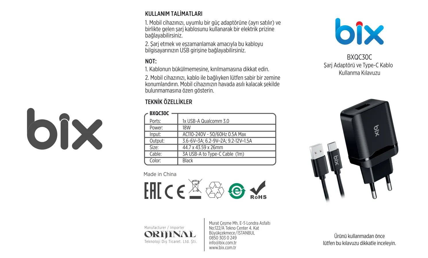 BXQC30C 18W QC 3.0 Hızlı Şarj Cihazı ve Type-C USB kullanım kılavuzu — sayfa 1