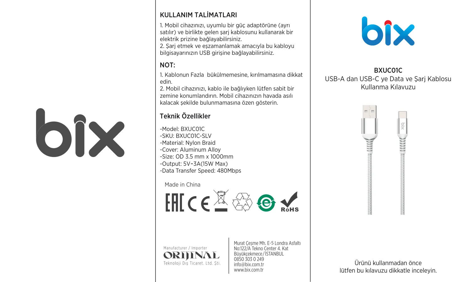 BXUC01C 15W USB-A to Type-C Örgülü Şarj ve Data Kablosu kullanım kılavuzu — sayfa 1
