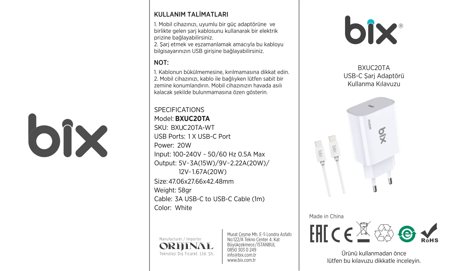 BXUC20TA 20W USB-C PD 3.0 Akım Korumalı Hızlı Şarj kullanım kılavuzu — sayfa 1