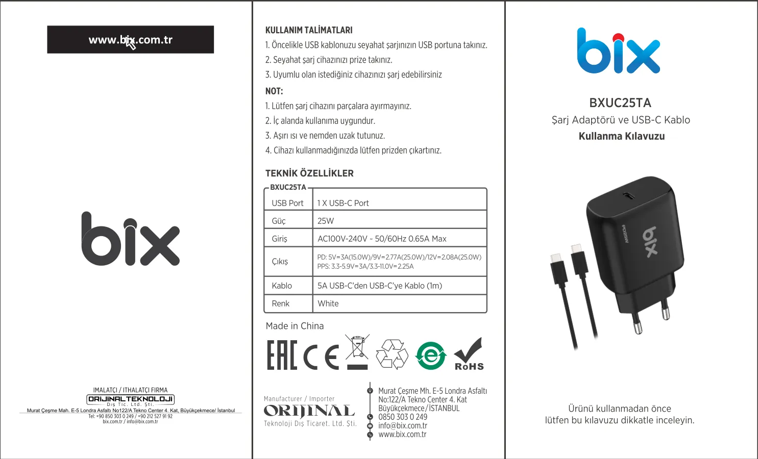 BXUC25TA 25W Type-C PD Hızlı Şarj Adaptörü + 1 Metre 5A kullanım kılavuzu — sayfa 1
