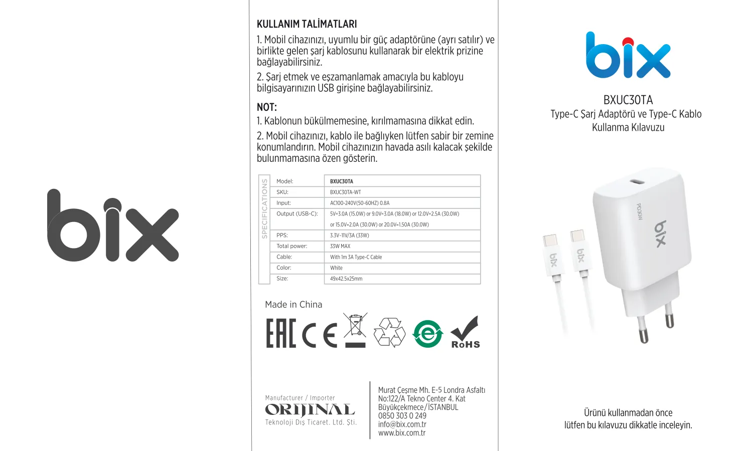 BXUC30TA 30W Type-C PD 3.0 Hızlı Şarj Adaptörü Şarj kullanım kılavuzu — sayfa 1