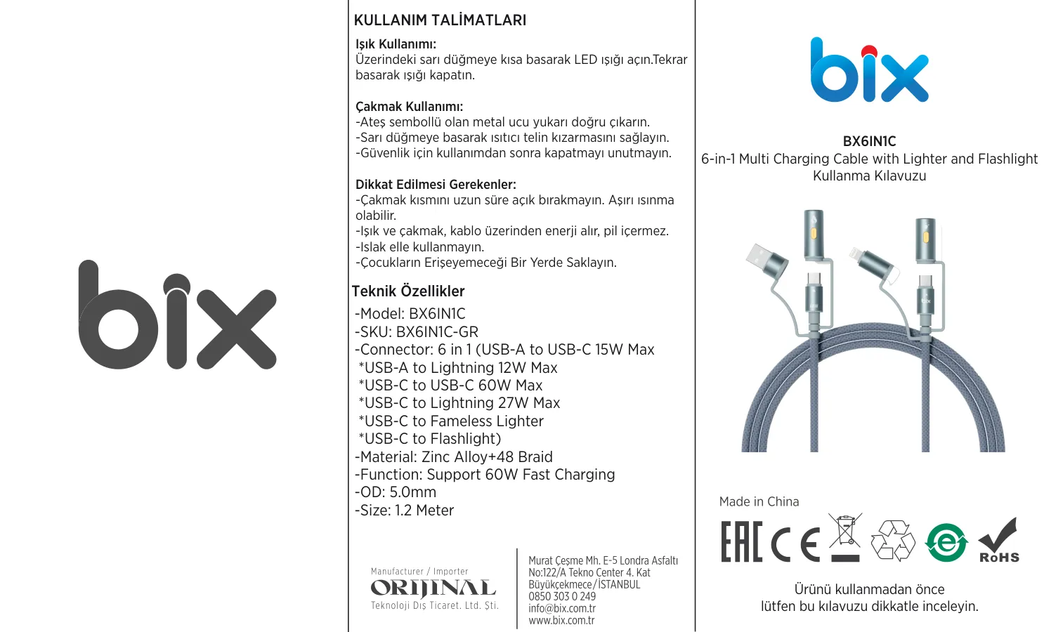 BX6IN1C 60W Type-C & Lightning & USB-A Kablosu kullanım kılavuzu — sayfa 1