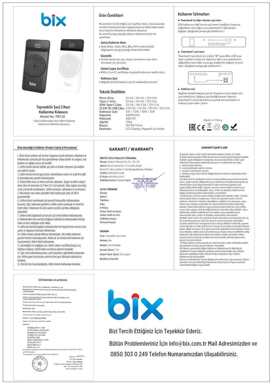 PB102 10000 mAh USB PD QC 4.0 Kablosuz Şarj Powerbank kullanım kılavuzu — sayfa 1