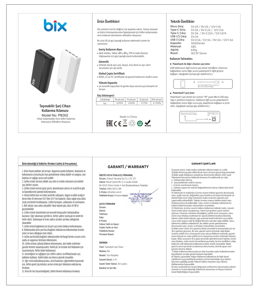PB302 Dört Çıkışlı QC 4.0 PD 30000mAh Powerbank kullanım kılavuzu — sayfa 1