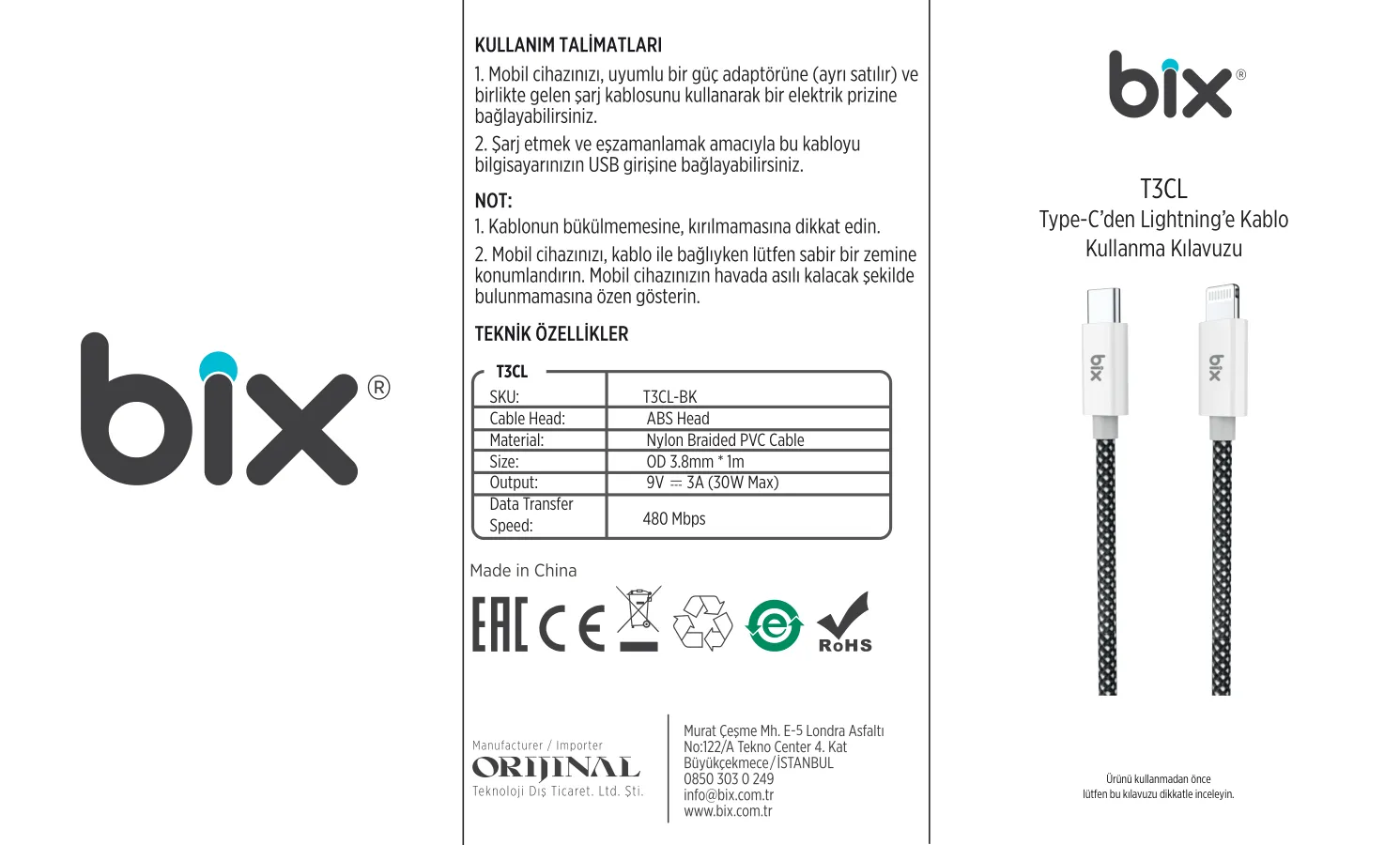 T3CL Type-C to Lightning iPhone 27W Örgülü Şarj ve Data kullanım kılavuzu — sayfa 1