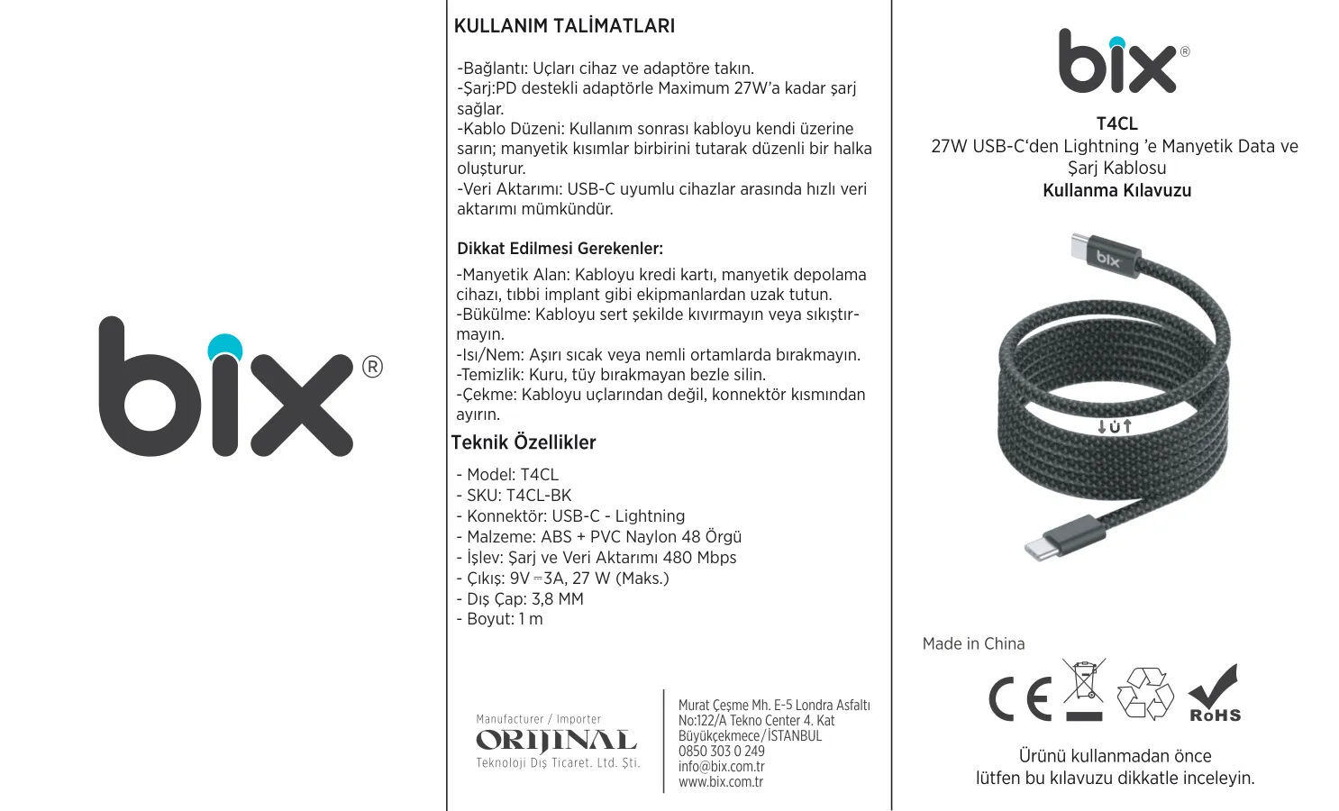 T4CL 27W USB-C to Lightning Manyetik Tasarımlı Kablosu kullanım kılavuzu — sayfa 1
